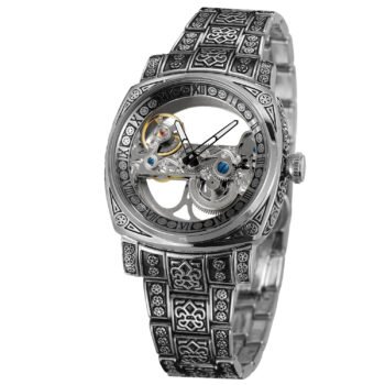 Forsining Retro Skeleton Watch | Men’s Engraved Mechanical - Silver